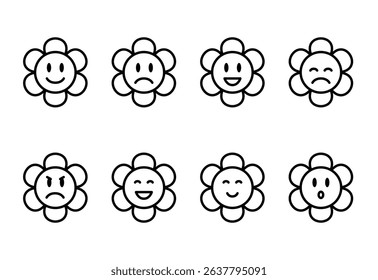 set of daisy flower faces with various expressions, simple line