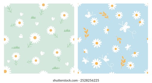 Set of daisy flower, green grass, tree branch, hand drawn heart and butterfly on green and blue backgrounds vector. Cute floral print.