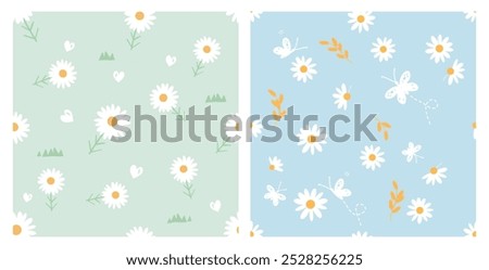 Set of daisy flower, green grass, tree branch, hand drawn heart and butterfly on green and blue backgrounds vector. Cute floral print.