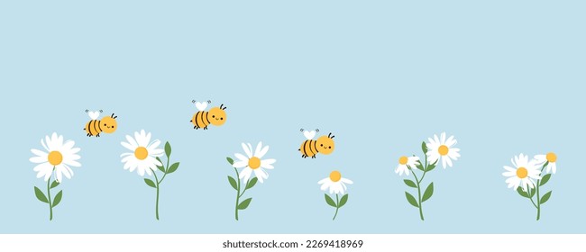 Set of daisy flower with green leaves and bee cartoons on blue background vector illustration. 