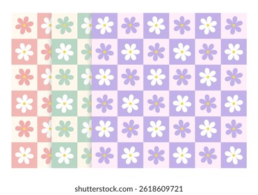 Set of daisy flower on checkered purple, green and pink background. Vector illustration flower seamless pattern for background, wallpaper, wrapping and textile.