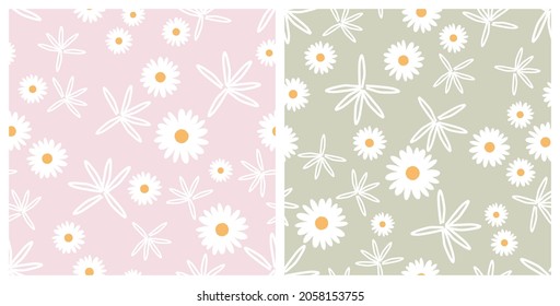 Conjunto de flores de margarita sobre fondo rosa y verde ilustración vectorial. Cuidados papeles florales retro.