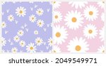 Set of daisy flower seamless pattern with purple and pink backgrounds vector illustration. Cute floral print.
