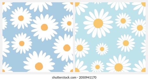 Set of daisy flower seamless patterns on blue backgrounds vector illustration. Cute floral print flat design.