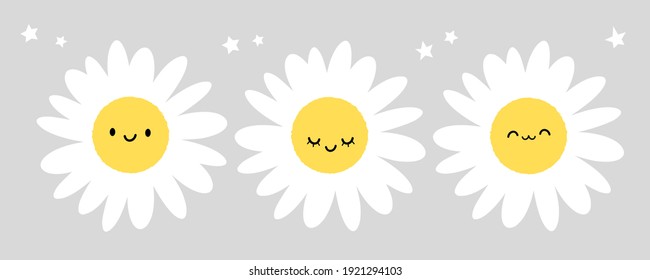 Set of daisy flower and stars on grey background vector illustration. Cute cartoon character.