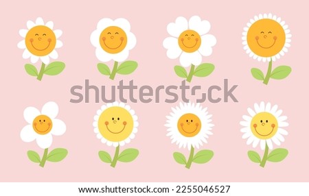 Set of daisy flower vector illustration. Cute cartoon flowers emoticon set. Funny collection of flowers. Hand drawn chamomile character. Cute daisy flower.
