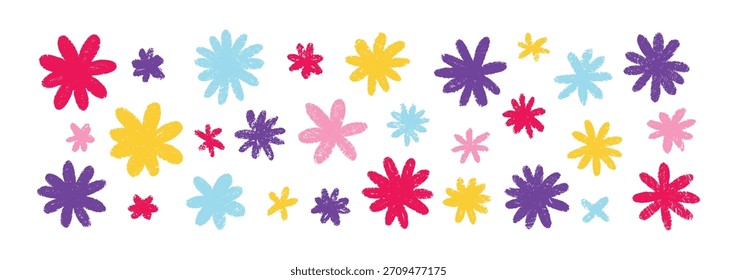 Conjunto de flores margaridas com giz, creiom ou textura pastel. Ilustração de esboço multicolorido desenhado à mão.