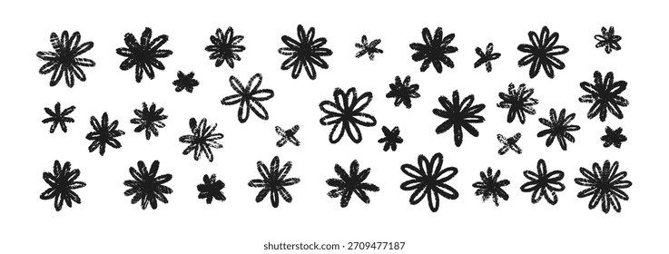 Set of daisy flowers with chalk, crayon or pastel texture. Hand drawn sketch illustration.