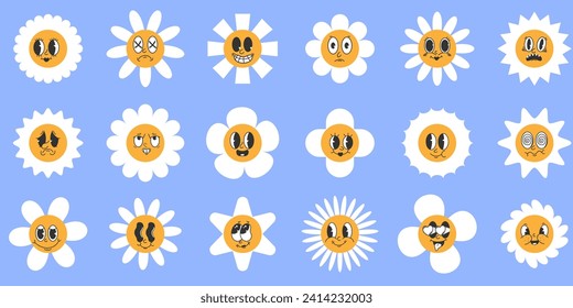 Set of daisy flowers with cute retro faces. Various emotions. Cute flower on a blue background. Big set of children's logo. Retro.