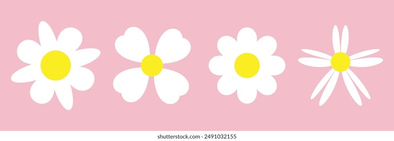 Set of daisy flowers icons isolated on pink background vector illustration. EPS10