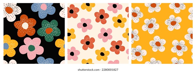 Set of daisy flowers seamless pattern in groovy retro funky style. Simple shaped flowers vector background. Cozy vintage fabric print, textile, home deco.