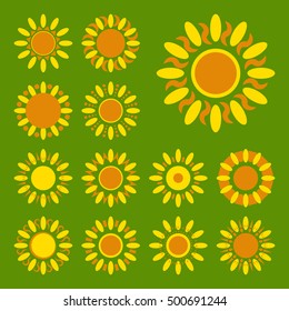 Set of daisy icons isolated. Yellow silhouettes of vector flowers