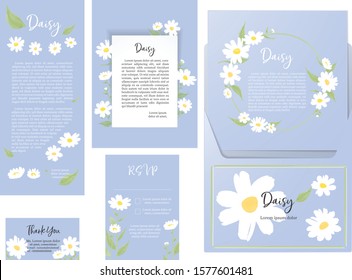 Set of daisy invitation cards for wedding, thanks, rsvp, menu, Flowers vector abstract frame on white background, elements are isolated