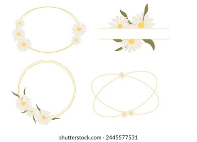 Set Daisy thin line frame oval, circle wreath, monogram border with flowers and leaves isolated. Simple floral spring or summer decoration.