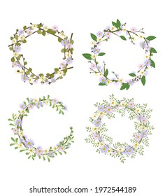 Set of daisy wreath. Round frame, cute purple and white flowers chamomile with yellow hearts. Festive decorations for wedding, holiday, postcard, poster and design. Vector flat illustration