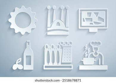 Set Dali museum, Picture art, Bottle of olive oil, Spanish cook, Sagrada Familia and Sun icon. Vector