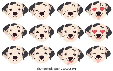 Set of Dalmatian dog emotions. Funny Smiling and angry, sad and delight dog. Face of dog cartoon emoji. Illustration about kawaii animal and pet in flat vector style.