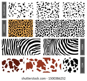 Set dalmatian, leopard and cow pattern print texture repeating. Seamless pattern of dalmatian, leopard spots. horizontal backdrop, brown chaotic spots isolated on white.