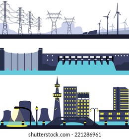 Set of Dam Windmill Solar Nuclear and  Electric Power Energy Landscape