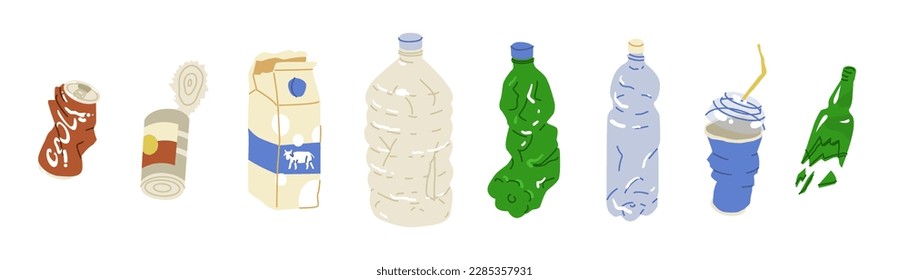 Un conjunto de contenedores dañados. Plástico, vidrio, botellas de metal y jarras. El concepto de reciclaje y clasificación de basura. Imagen para conservacionistas y empresas de reciclaje de residuos. Ilustración vectorial. 