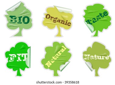Set of damaged labels with words bio, fit, nature, organic, natural and taste