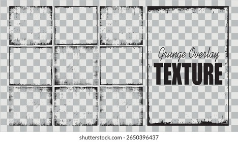 Set of damaged paper texture, photo card, torn or ripped background, distressed overlay frame cover, graphic filter, grainy stamp and grunge banner with grain, dust, ink splash and paint brush stroke.