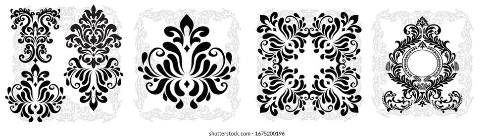 Set Damask graphic ornament. Floral design element. Black vector pattern.
