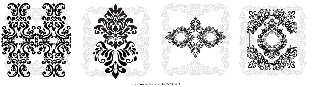 Set Damask graphic ornament. Floral design element. Black vector pattern.