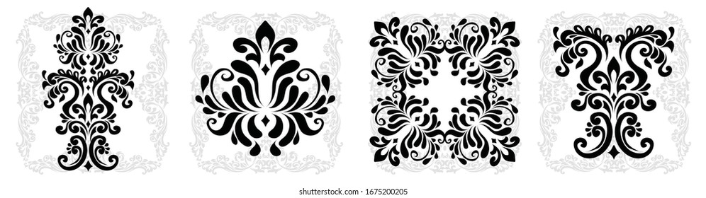 Set Damask graphic ornament. Floral design element. Black vector pattern.