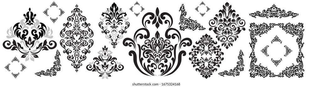  Set Damask graphic ornament. Floral design element. Black vector pattern