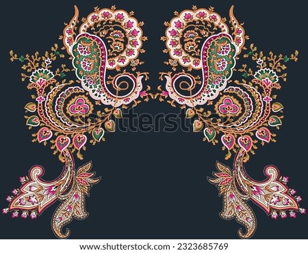 A set of damask Mughal paisley wallpaper embroidery decorations beautiful borders motif pattern design Ikat Ethnic retro luxury floral women cloth front back with dupattas used in fabric textile print [[stock_photo]] © 