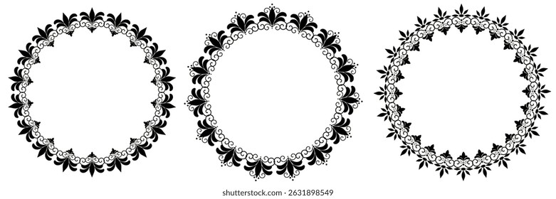 Set damask round wreath ornament floral Abstract pattern on transparent background