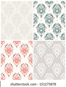 Set of damask seamless patterns with hearts and wings shapes.