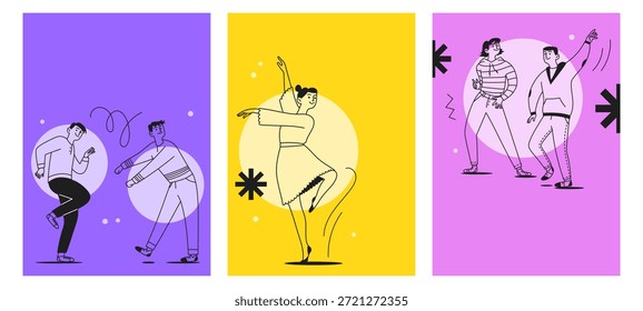 Conjunto de carteles de doodle de baile, Anuncios y tarjetas con personas bailando. Hombres y mujeres felices y alegres. Espacio para texto. Ilustración lineal de Vector