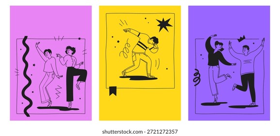 Set of dance doodle posters and cards featuring dancing people. Happy, joyful men and women. Space for text. Vector linear illustration