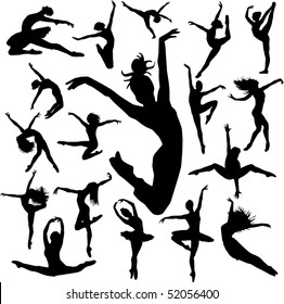  Set Dance Girl Ballet Silhouettes Vector