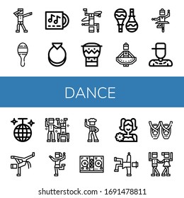 Set of dance icons. Such as Dab, Maracas, Lp, Castanets, Breakdance, Bongo, Regional dance, Ballet, Rapper, Disco ball, Capoeira, Dance, Traditional Disco , icons