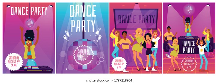 Set of dance party poster or banner templates with DJ and young people cartoon characters dancing in nightclub. Disco club party flyers bundle flat vector illustration.