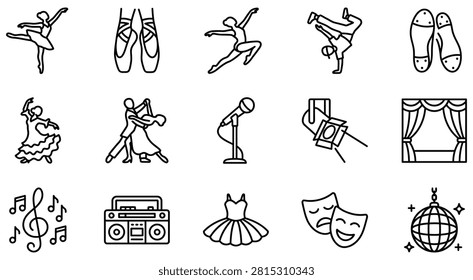 Set of dance and performing arts line icons with performance, entertainment