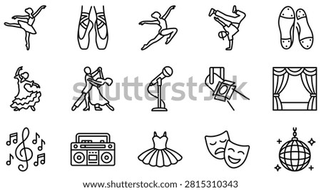 Set of dance and performing arts line icons with performance, entertainment