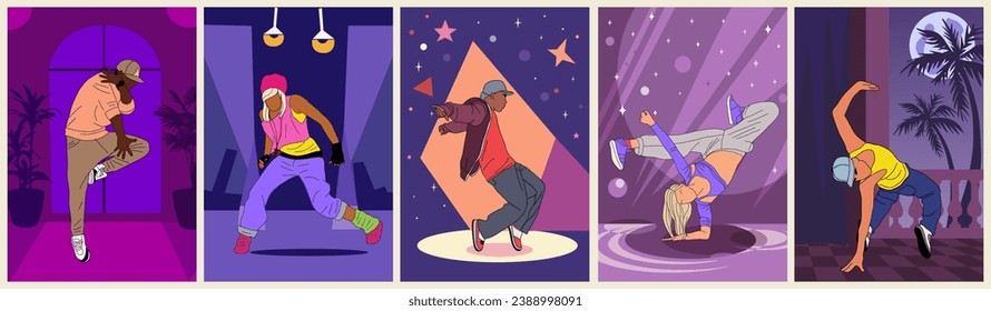 Set of dance Poster, card, invitation templates with young people, teenager dancing hip hop, breakdance on artistic purple background. Vector illustration for festival, performance, concert, party.