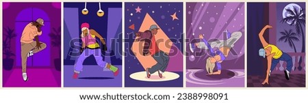 Set of dance Poster, card, invitation templates with young people, teenager dancing hip hop, breakdance on artistic purple background. Vector illustration for festival, performance, concert, party. ストックフォト © 