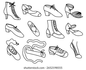 Conjunto de sapatos de dança em estilo de esboço. Tipos desenhados à mão de sapatos para dançar. Tango, salsa, sapato de balé, passo, sapato dançante