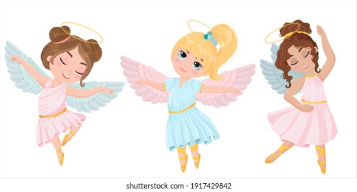 Set of Dancing Angels. Wings and halo. Children are dressed like angels. Simple drawing in pastel colors. Vector illustration in cartoon style isolated on white background.