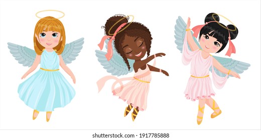 Set of Dancing Angels. Wings and halo. Children are dressed like angels. Simple drawing in pastel colors. Vector illustration in cartoon style isolated on white background.
