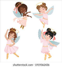 Set of Dancing Angels. Wings and halo. Children are dressed like angels. Simple drawing in pastel colors. Vector illustration in cartoon style isolated on white background.