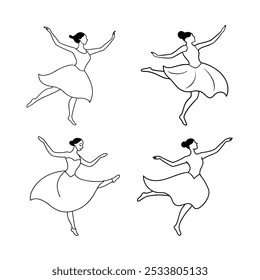 A set of dancing ballerina in a flowing dress line art