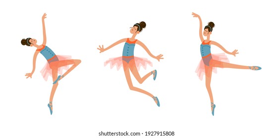 Set dancing ballerina in tutu costume in different poses. Hand drawn vector illustration in cartoon flat style