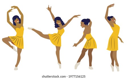 Set of dancing ballerinas in flat style isolated on white background. Cartoon ballerina character with different dance poses and emotions.
