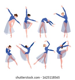 Set dancing ballerinas. Jumping and dancing. Cartoon style vector illustration isolated on white background.